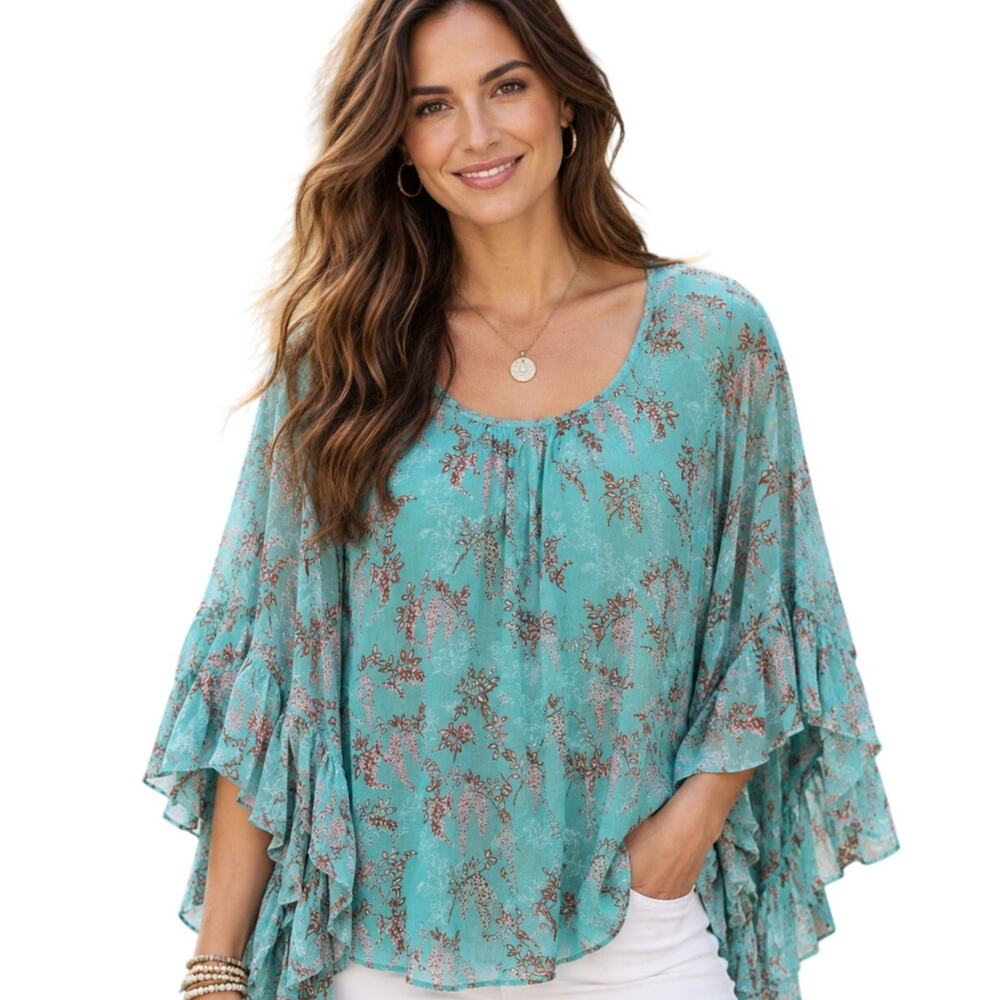 Sundance Wilde Top Womens Medium Aqua Floral Chiffon Flowy Bell Sleeve Boho